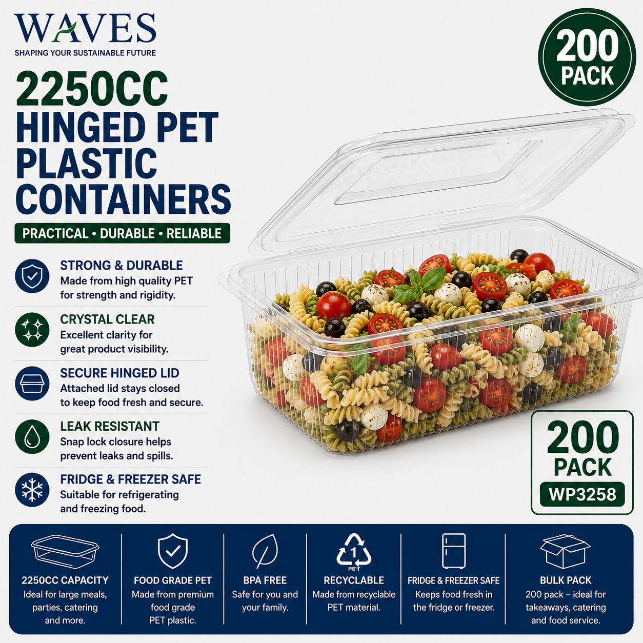 2250CC HINGED PET PLASTIC CONTAINERS 200s