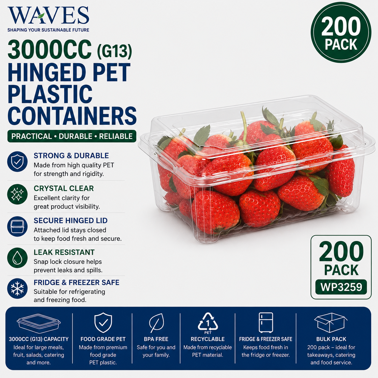 3000CC (G13) HINGED PET PLASTIC CONTAINERS 200s