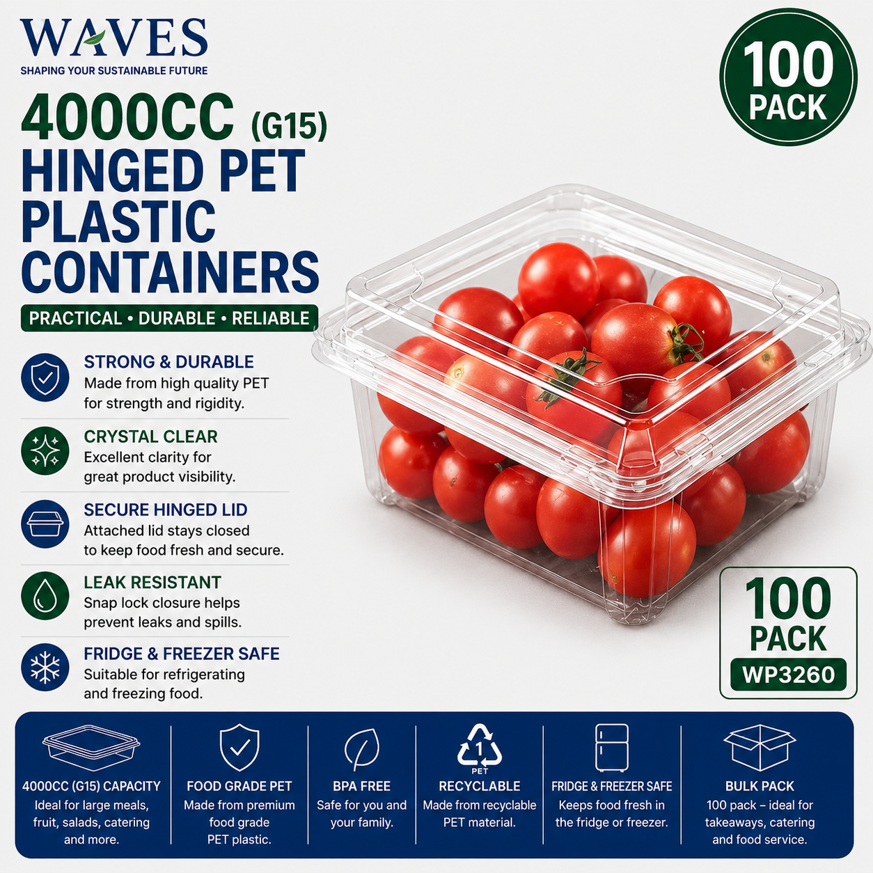 4000CC (G15) HINGED PET PLASTIC CONTAINERS 100s
