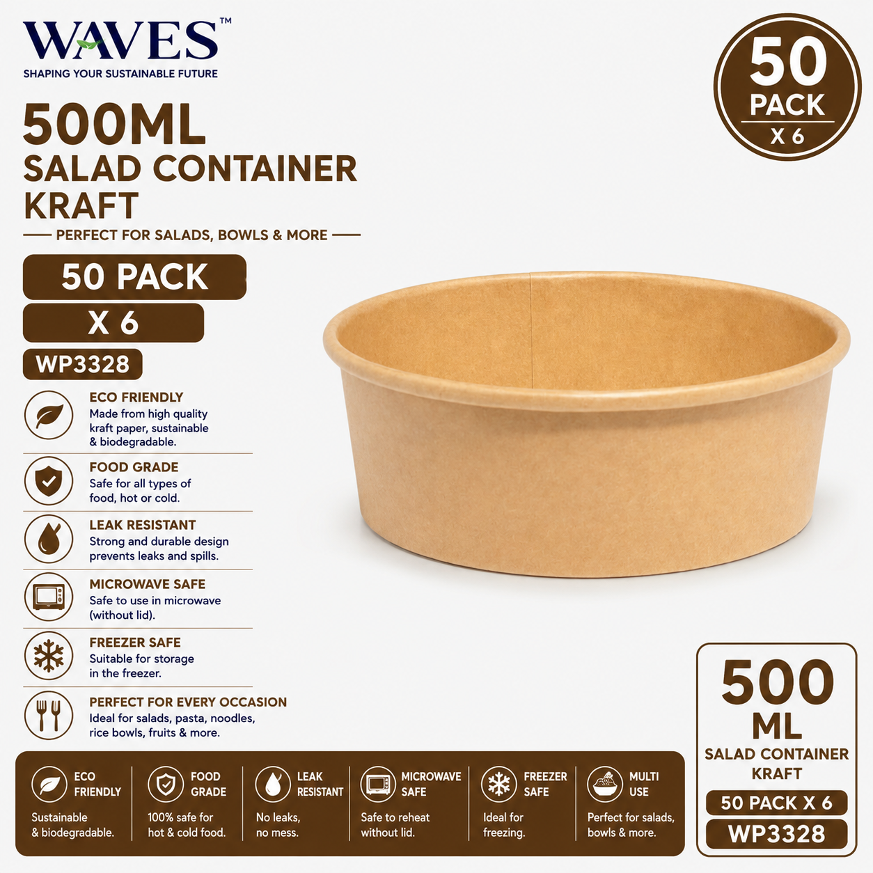 500ML SALAD CONTAINER KRAFT 50 PACK X 6