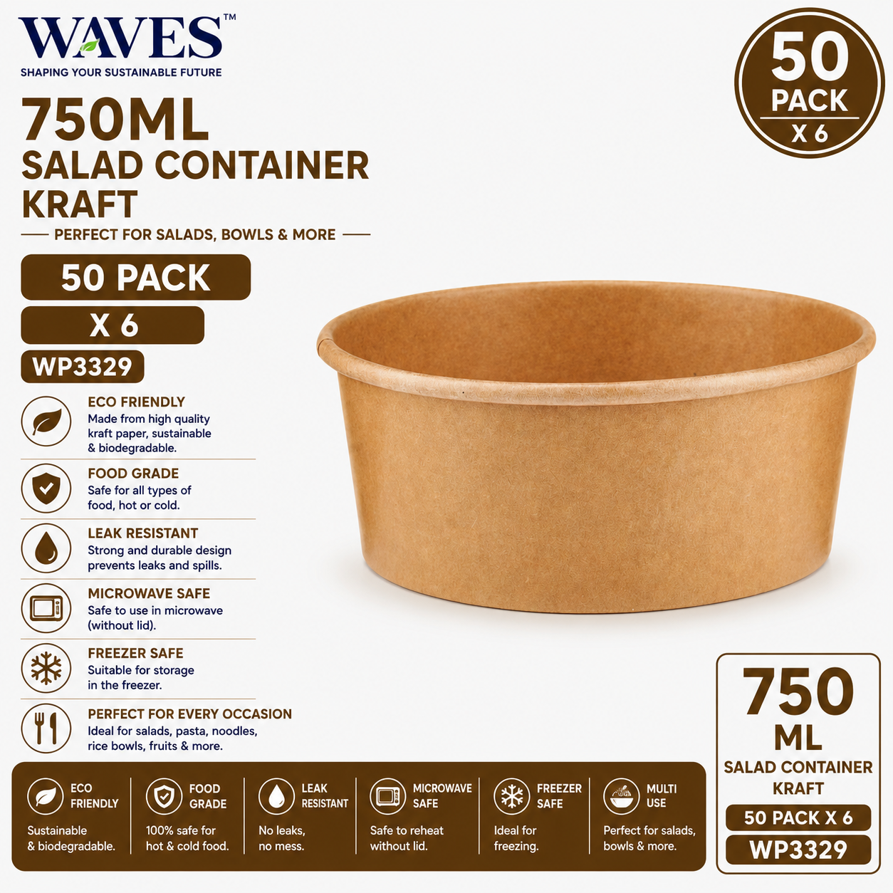 750ML SALAD CONTAINER KRAFT 50 PACK X 6