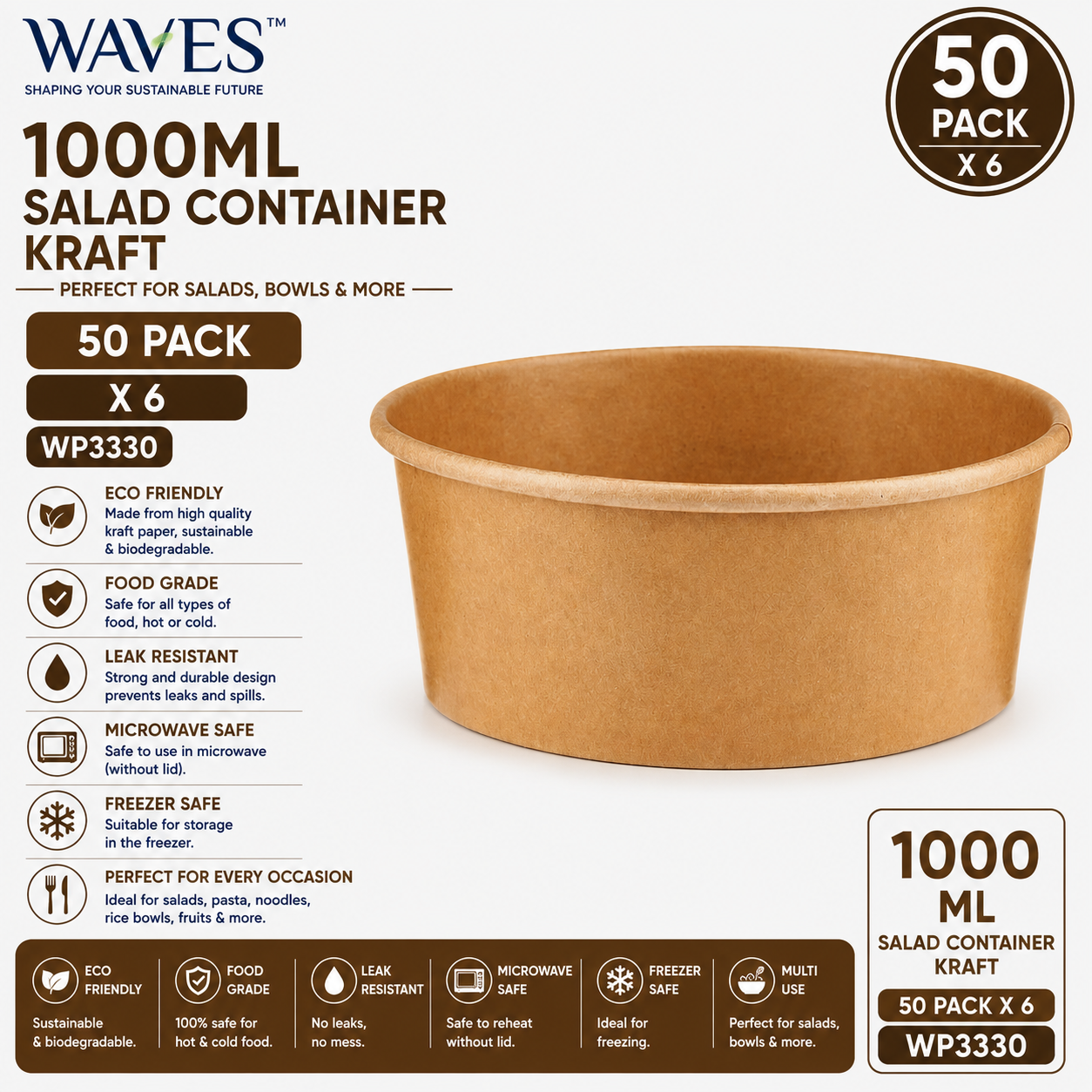1000ML SALAD CONTAINER KRAFT 50 PACK X 6