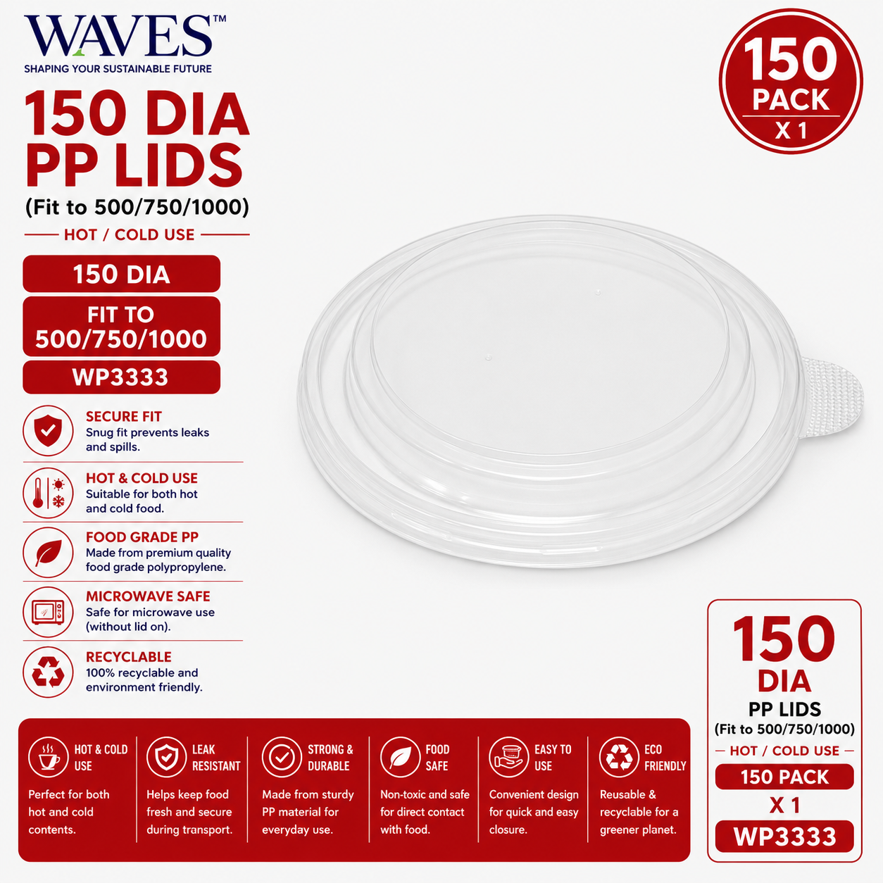 150 DIA PP Lids (Fit to 500/750/1000) - Hot/Cold Use