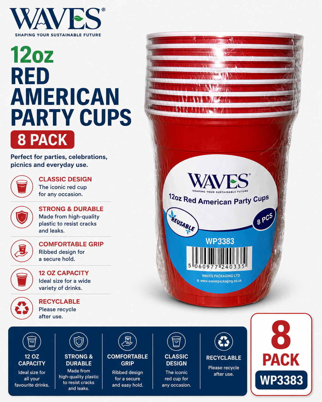 12 OZ Red American Cups 8 Pack
