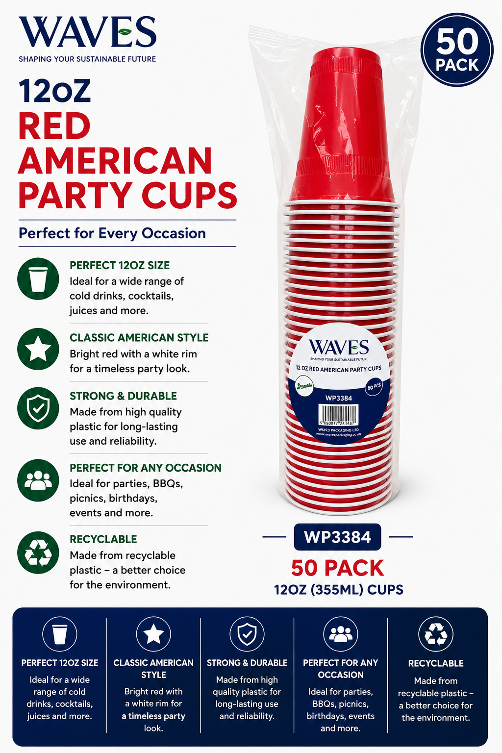 12 OZ Red American Cups 50 Pack