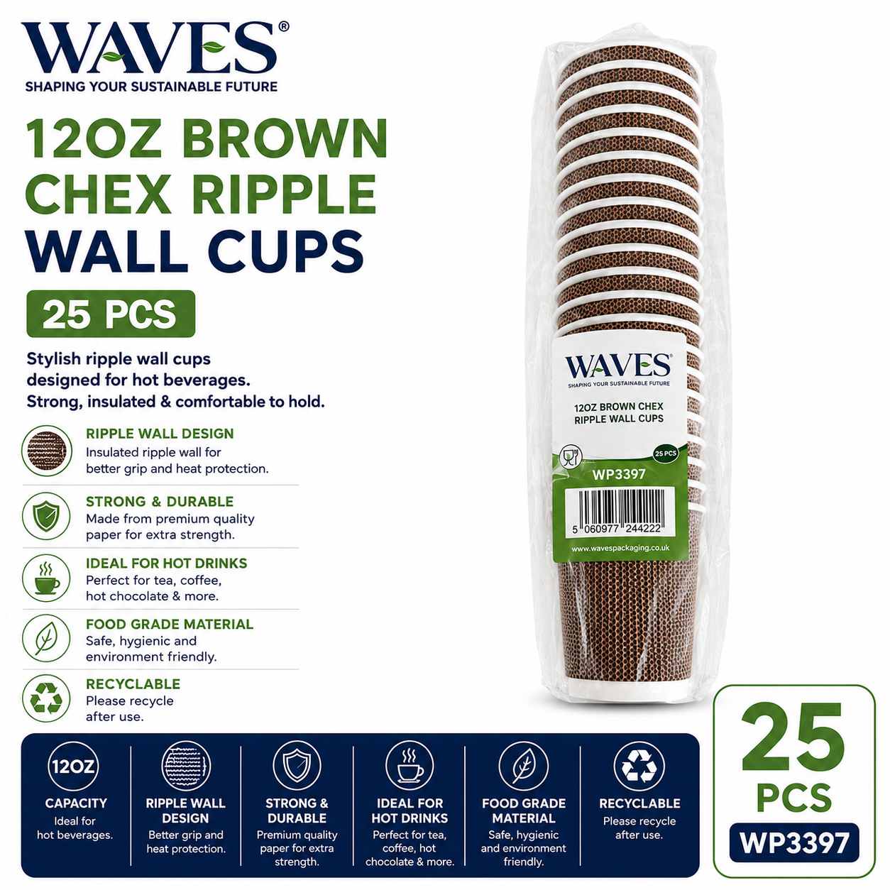 12OZ BROWN CHEX RIPPLE WALL CUPS
