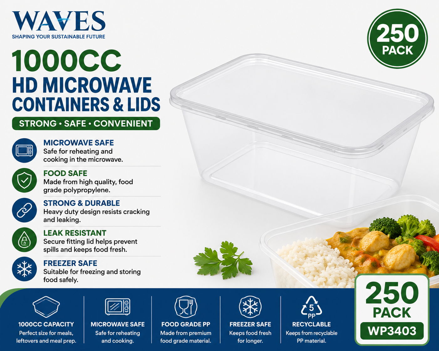 1000CC HD MICROWAVE CONTAINERS & LIDS 250 PACK
