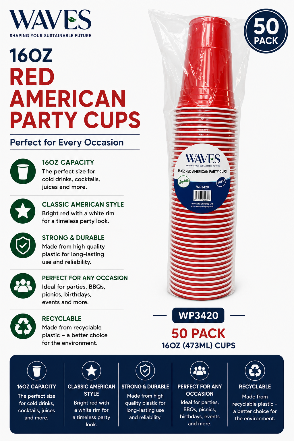 16OZ Red American Cups 50 Pack
