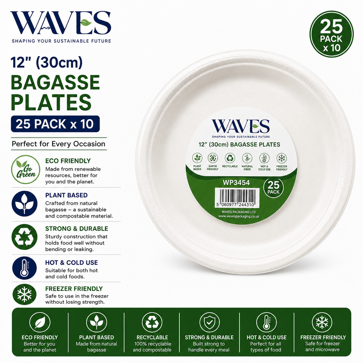 12”BAGASSE PLATES 25 PACK x 10